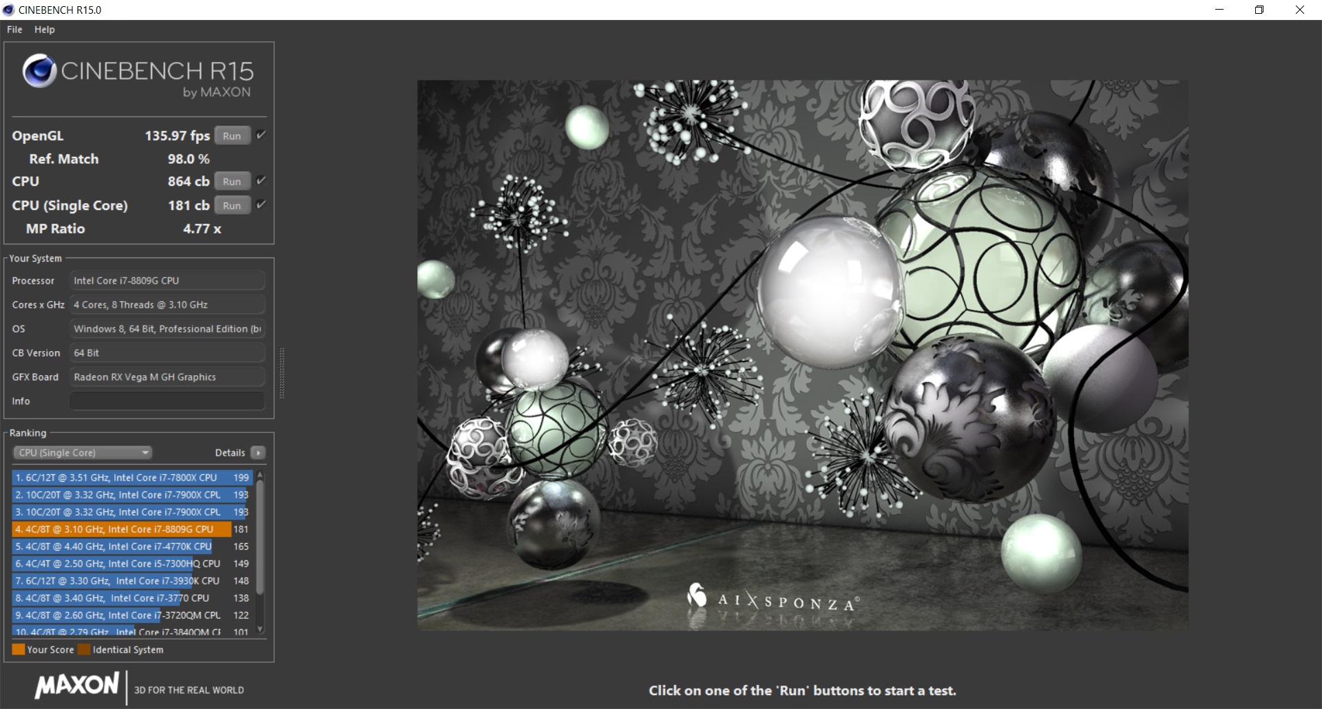 Intel NUC Kit NUC8i7HVK - Cinebench Screenshot