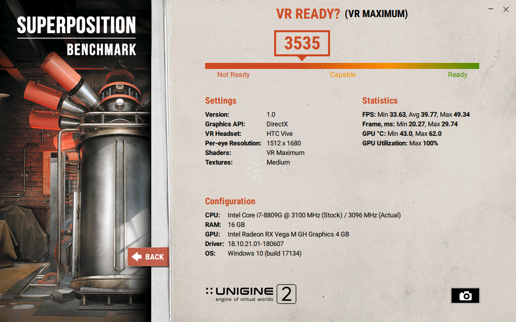 Intel NUC Kit NUC8i7HVK - Superposition Benchmark - HTC - VR - Maximum