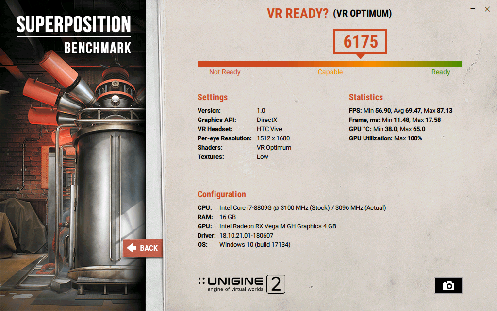 Intel NUC Kit NUC8i7HVK - Superposition Benchmark - HTC - VR - Optimum