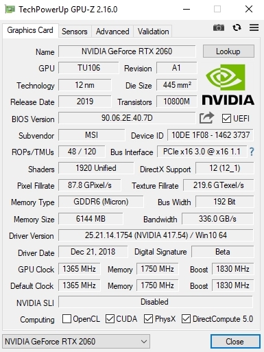 MSI GeForce RTZX 2060 Gaming Z - GPU-Z